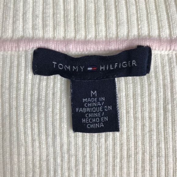 TOMMY HILFIGER Cream Ivory Ribbed Knit V-Neck Long Sleeve Top Size Medium - Picture 6 of 13
